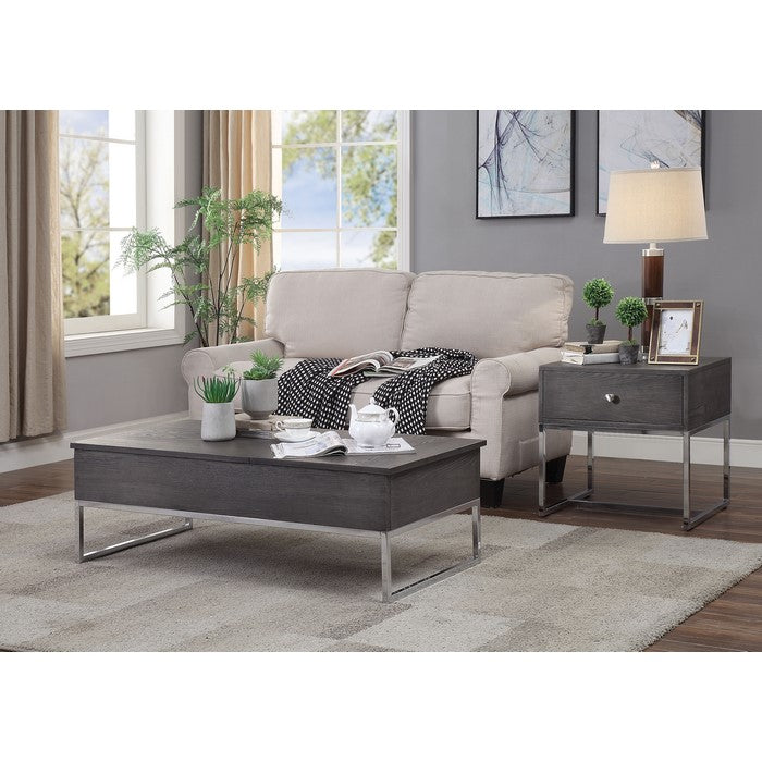 Wooden Coffee Table with Two Lift Tops and Metal Sled Leg Support, Gray and Silver