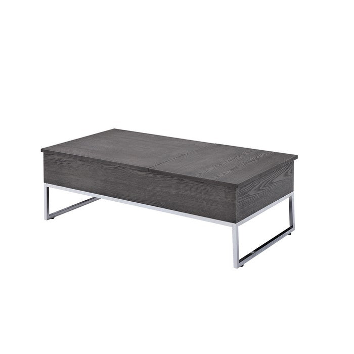 Wooden Coffee Table with Two Lift Tops and Metal Sled Leg Support, Gray and Silver