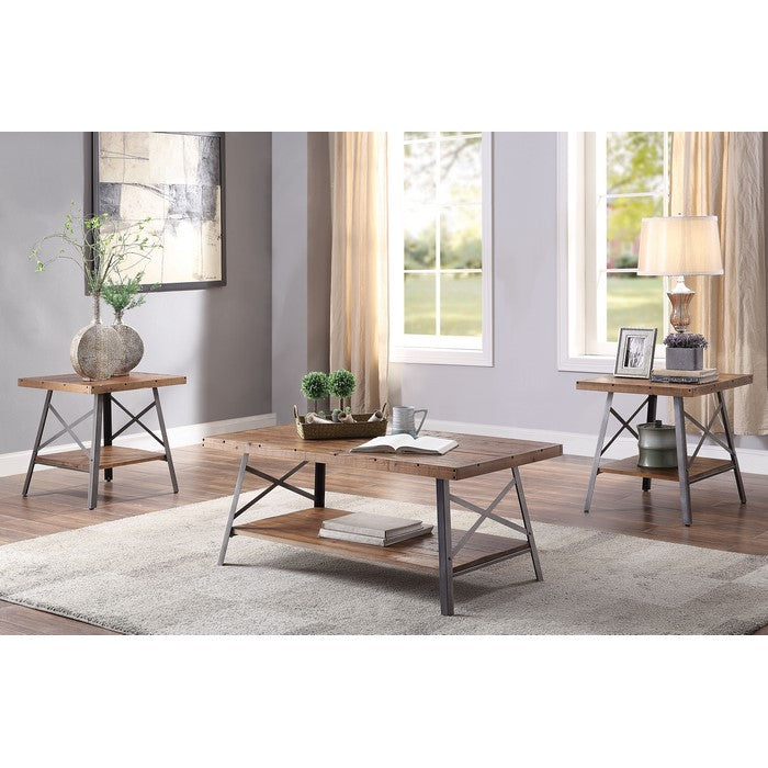 Wooden Coffee Table with X Crossed Metal Sides and Open Shelf, Brown and Black