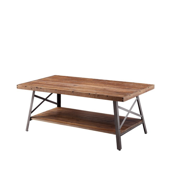 Wooden Coffee Table with X Crossed Metal Sides and Open Shelf, Brown and Black
