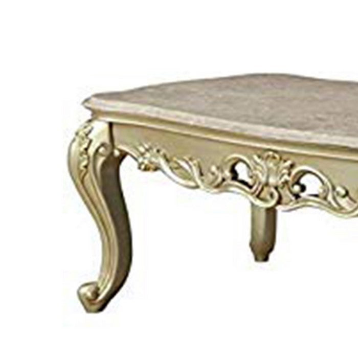 Wooden Coffee Table withDecorative Polyresin Carvings and Marble Top, White