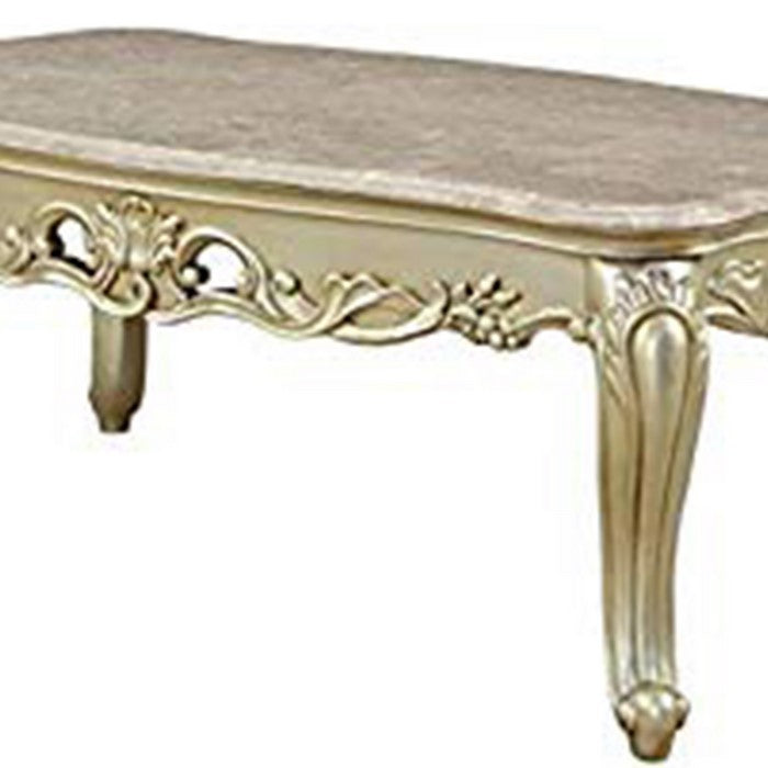 Wooden Coffee Table withDecorative Polyresin Carvings and Marble Top, White