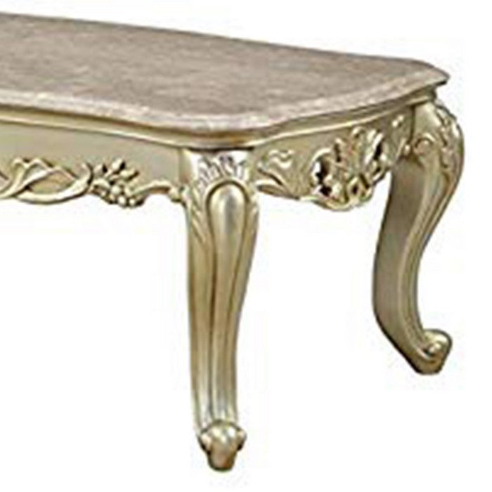 Wooden Coffee Table withDecorative Polyresin Carvings and Marble Top, White