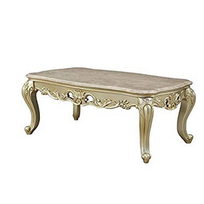 Wooden Coffee Table withDecorative Polyresin Carvings and Marble Top, White