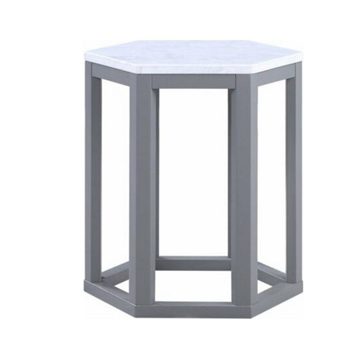 Hexagonal Marble Top End Table with Open Frame Base,Set of 2,White and Gray