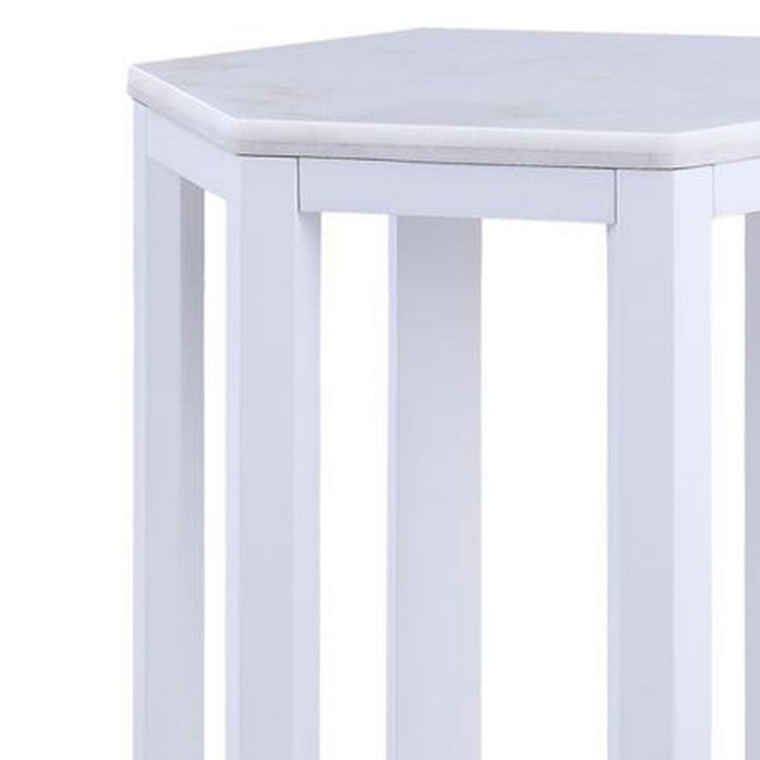 20 Inch Hexagonal Wooden End Table with Marble Top, White