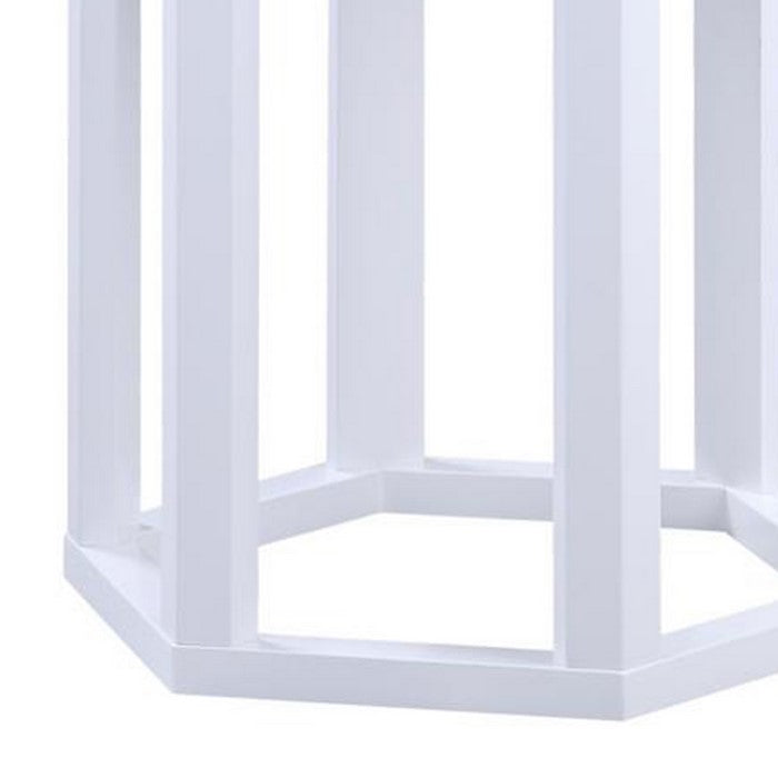 20 Inch Hexagonal Wooden End Table with Marble Top, White