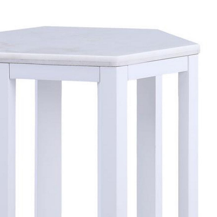 20 Inch Hexagonal Wooden End Table with Marble Top, White