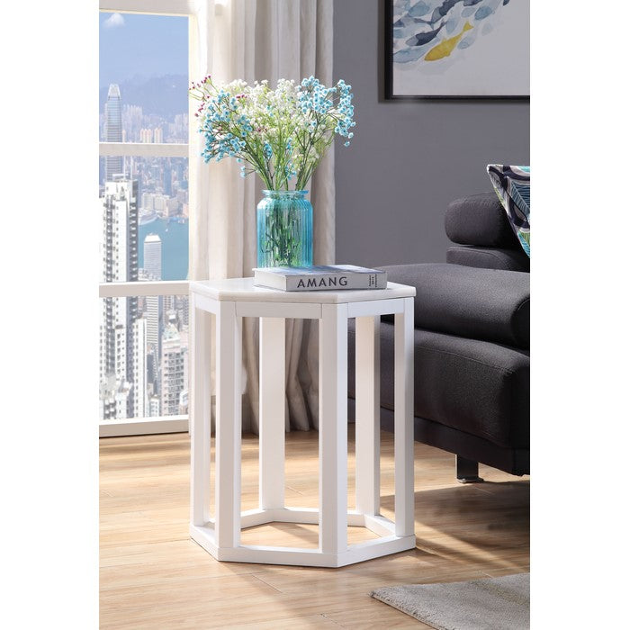 20 Inch Hexagonal Wooden End Table with Marble Top, White