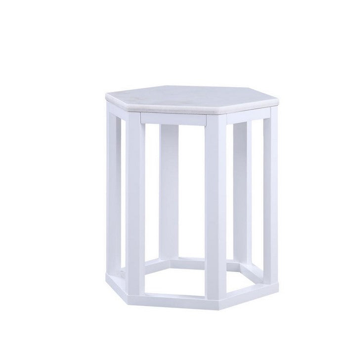 20 Inch Hexagonal Wooden End Table with Marble Top, White