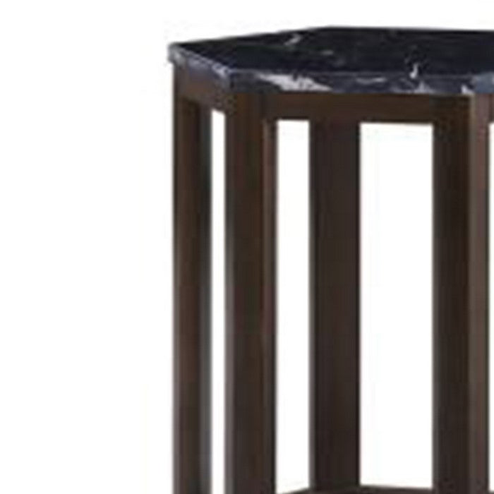 20 Inch Hexagonal Wooden End Table with Marble Top, Brown