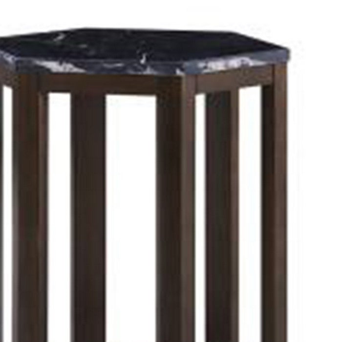20 Inch Hexagonal Wooden End Table with Marble Top, Brown