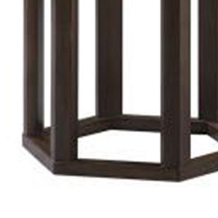 20 Inch Hexagonal Wooden End Table with Marble Top, Brown
