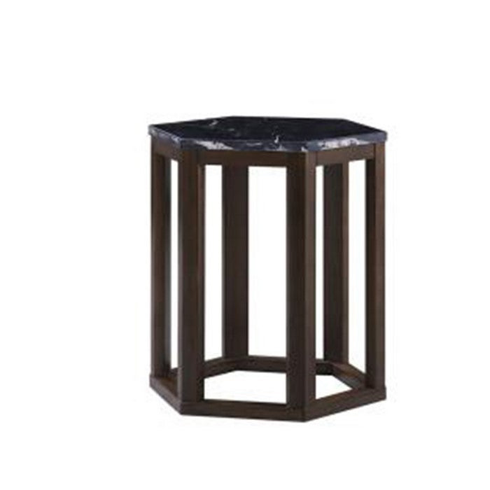 20 Inch Hexagonal Wooden End Table with Marble Top, Brown