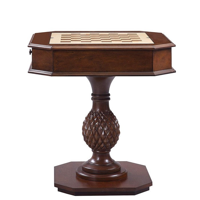 Wooden Square Top Reversible Game Table with Pedestal Base, Brown