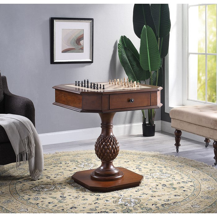 Wooden Square Top Reversible Game Table with Pedestal Base, Brown