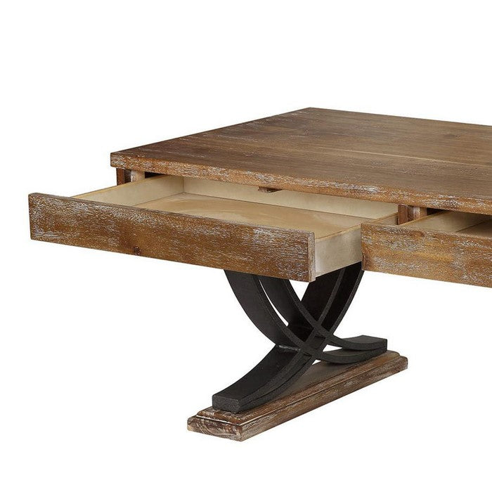 Rustic Wooden Coffee Table with Two Drawers and Metal X Shape Support, Black and Brown