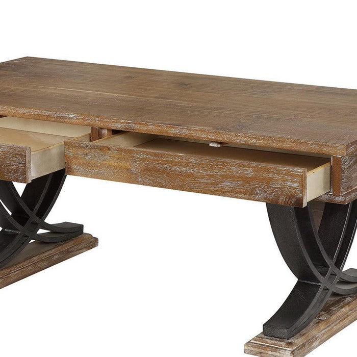 Rustic Wooden Coffee Table with Two Drawers and Metal X Shape Support, Black and Brown