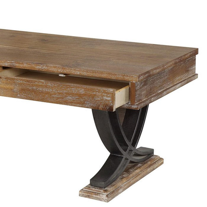 Rustic Wooden Coffee Table with Two Drawers and Metal X Shape Support, Black and Brown