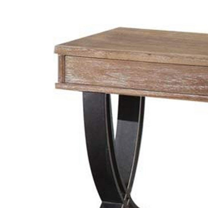 Rustic Wooden End Table with Drawer and Metal X Shape Support, Black and Brown