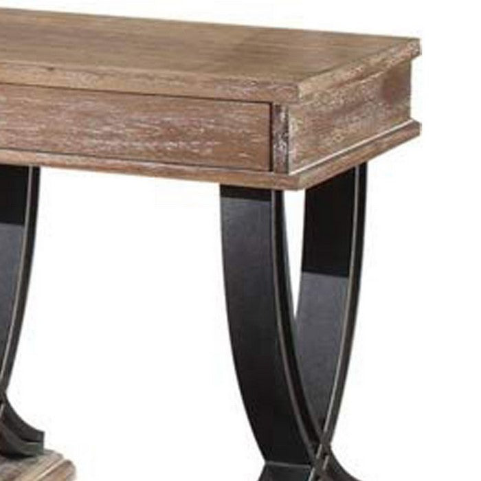 Rustic Wooden End Table with Drawer and Metal X Shape Support, Black and Brown