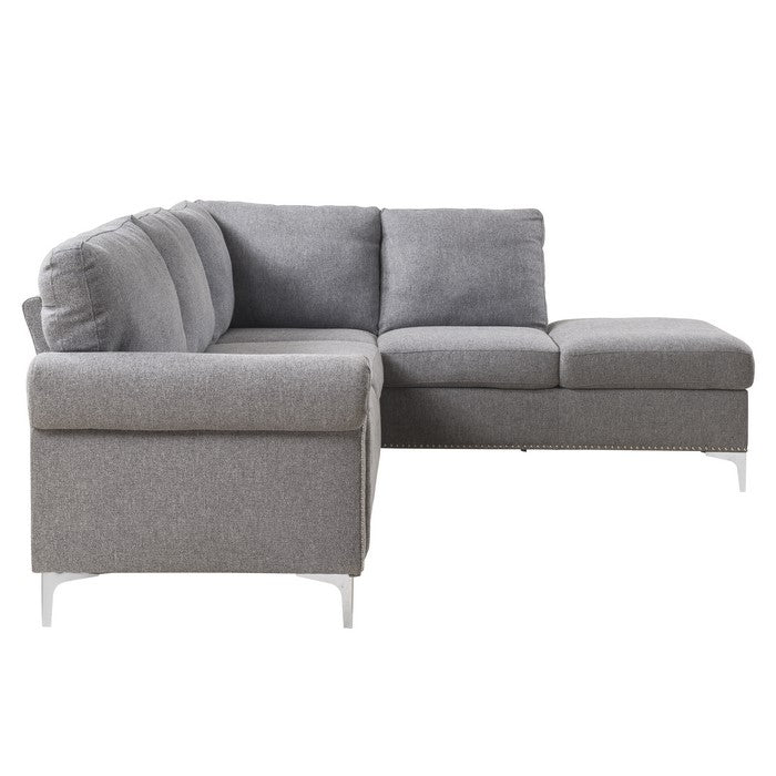 Fabric Upholstered Wooden Sectional Sofa with Metal Legs, Gray and Silver