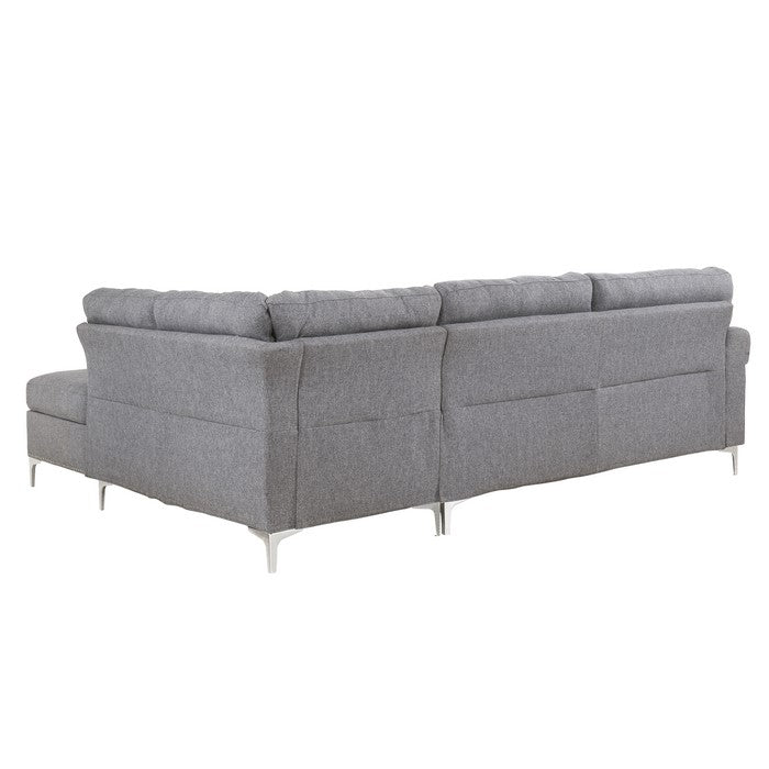 Fabric Upholstered Wooden Sectional Sofa with Metal Legs, Gray and Silver