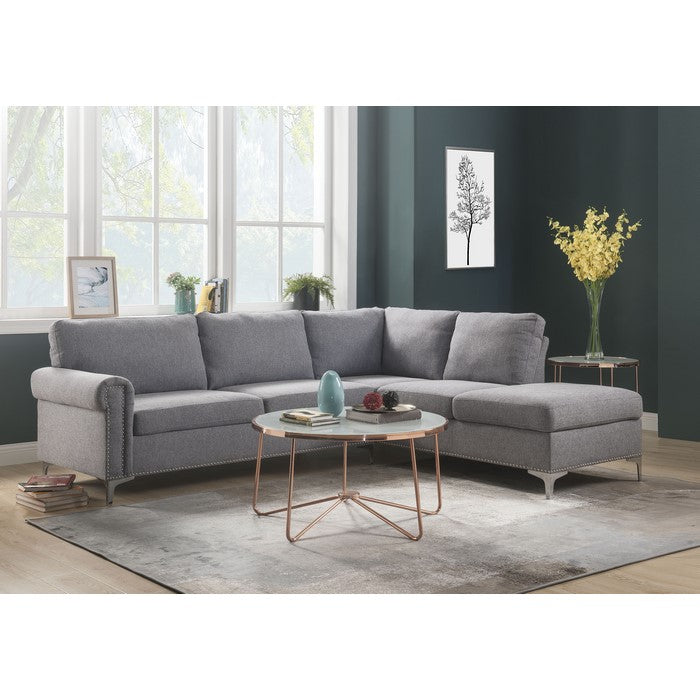 Fabric Upholstered Wooden Sectional Sofa with Metal Legs, Gray and Silver