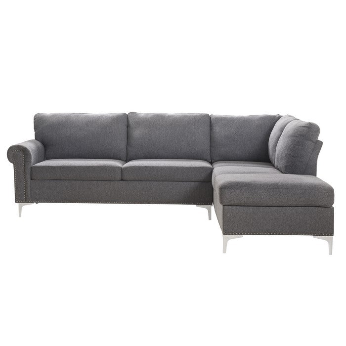 Fabric Upholstered Wooden Sectional Sofa with Metal Legs, Gray and Silver