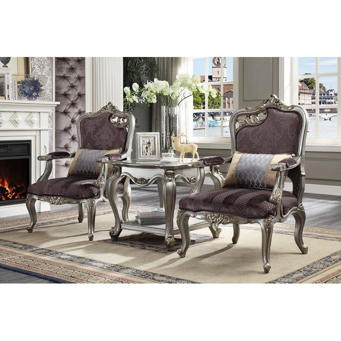 Velvet Upholstered Wooden Chair with Left Facing Cut Out Scrolled Leaf Motif, Purple and Silver