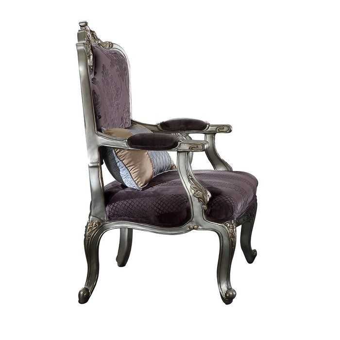 Velvet Upholstered Wooden Chair with Left Facing Cut Out Scrolled Leaf Motif, Purple and Silver