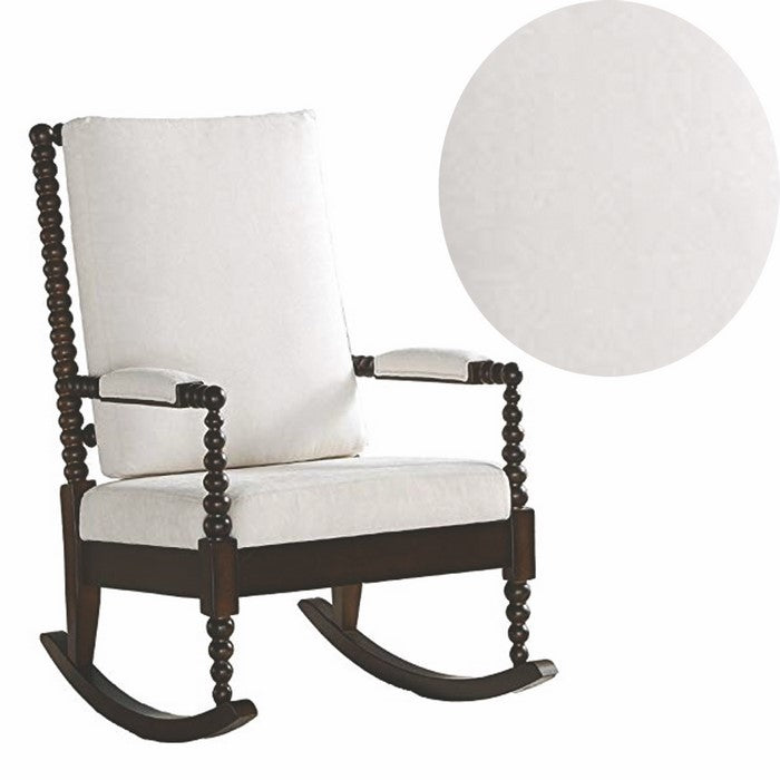 Wooden Rocking Chair with Fabric Upholstered Cushions, White and Brown