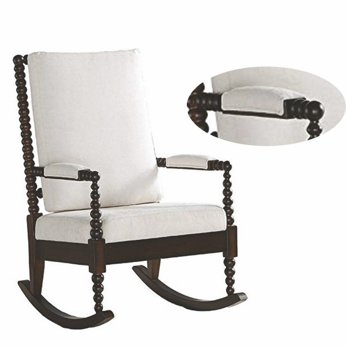 Wooden Rocking Chair with Fabric Upholstered Cushions, White and Brown