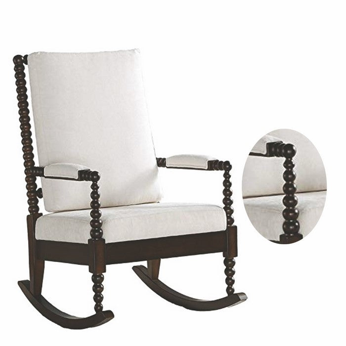 Wooden Rocking Chair with Fabric Upholstered Cushions, White and Brown