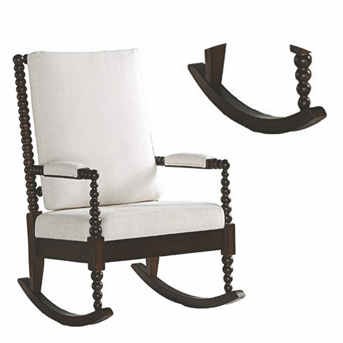 Wooden Rocking Chair with Fabric Upholstered Cushions, White and Brown
