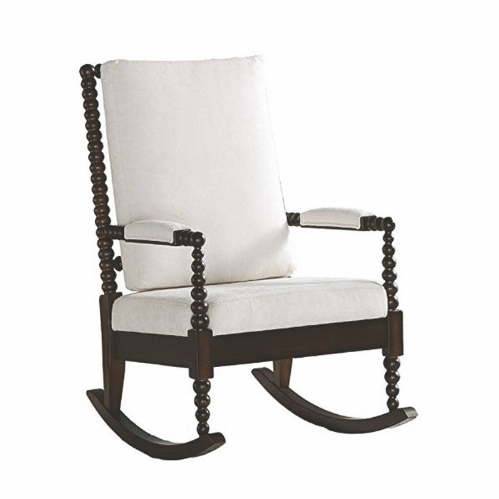 Wooden Rocking Chair with Fabric Upholstered Cushions, White and Brown