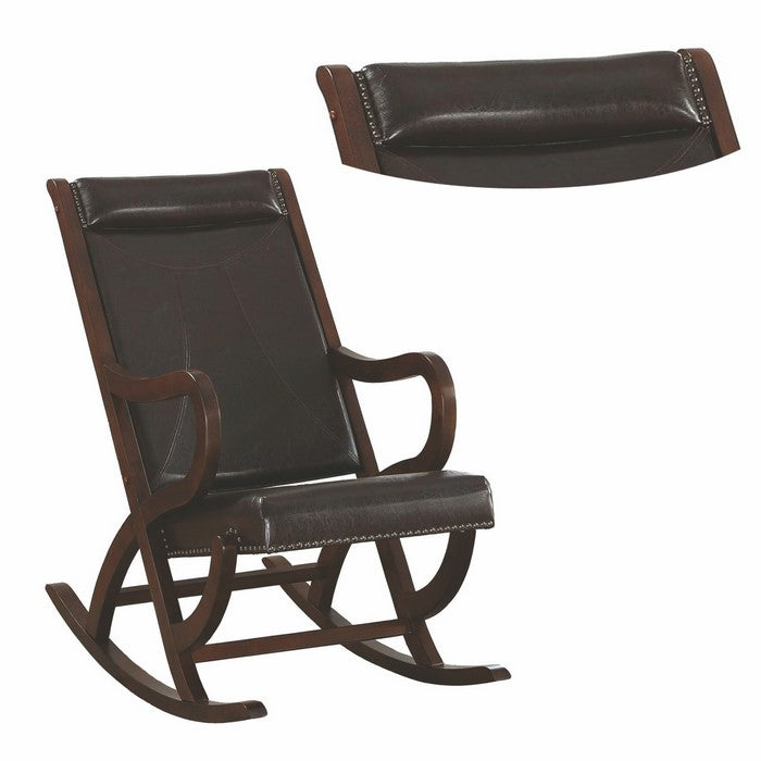Faux Leather Upholstered Wooden Rocking Chair with Looped Arms, Brown