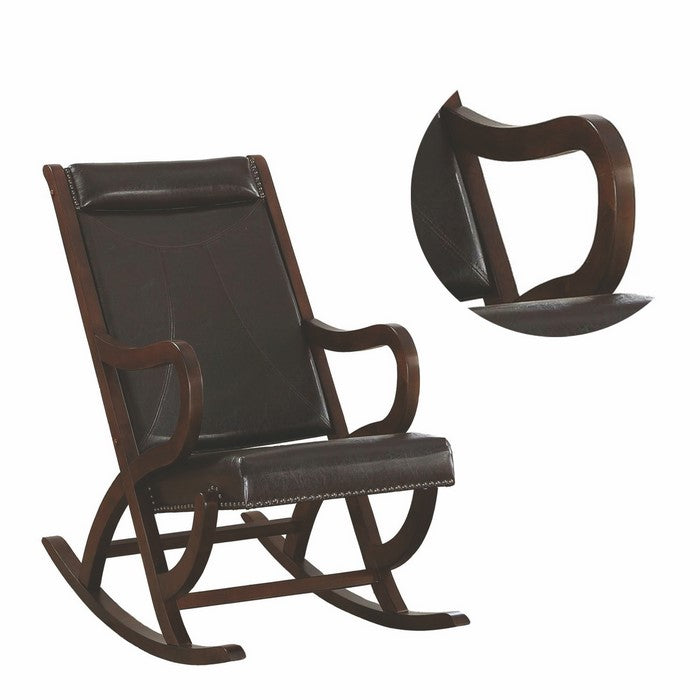 Faux Leather Upholstered Wooden Rocking Chair with Looped Arms, Brown