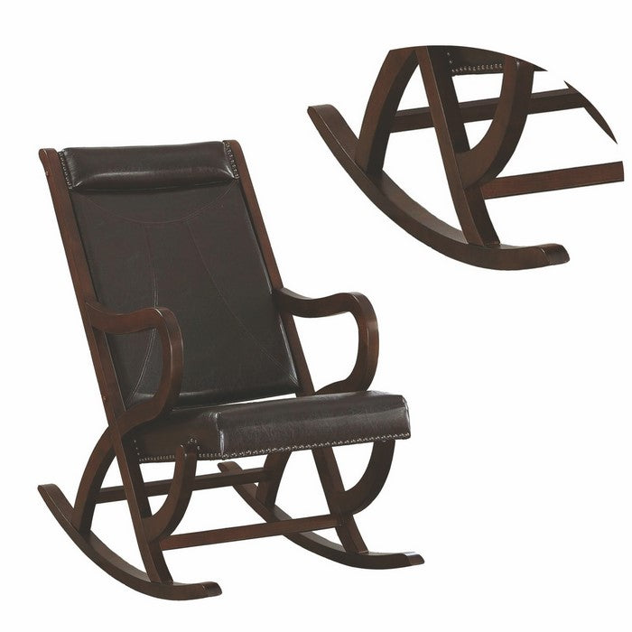 Faux Leather Upholstered Wooden Rocking Chair with Looped Arms, Brown