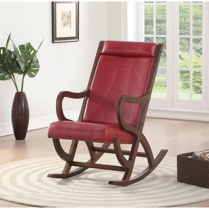 Faux Leather Upholstered Wooden Rocking Chair with Looped Arms, Brown and Red