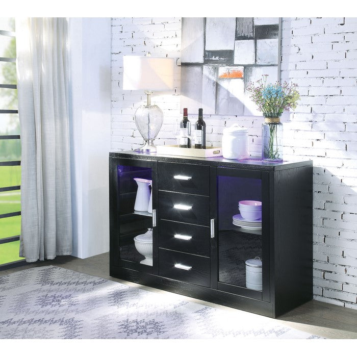 Wooden Dining Server with Two Glass Door Cabinets and LED Light, Black