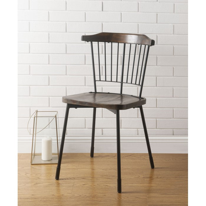 Wood and Metal Side Chairs with Slat Style Back, Black and Brown, Set of Two