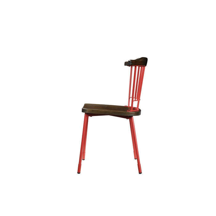 Wood and Metal Side Chairs with Slat Style Back, Red and Brown, Set of Two