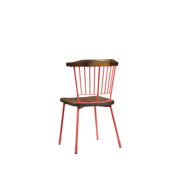 Wood and Metal Side Chairs with Slat Style Back, Red and Brown, Set of Two