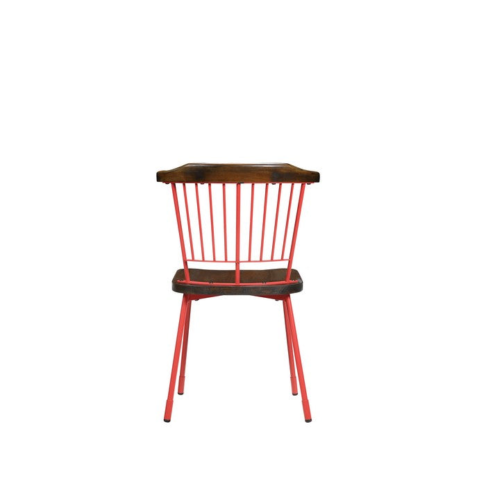 Wood and Metal Side Chairs with Slat Style Back, Red and Brown, Set of Two
