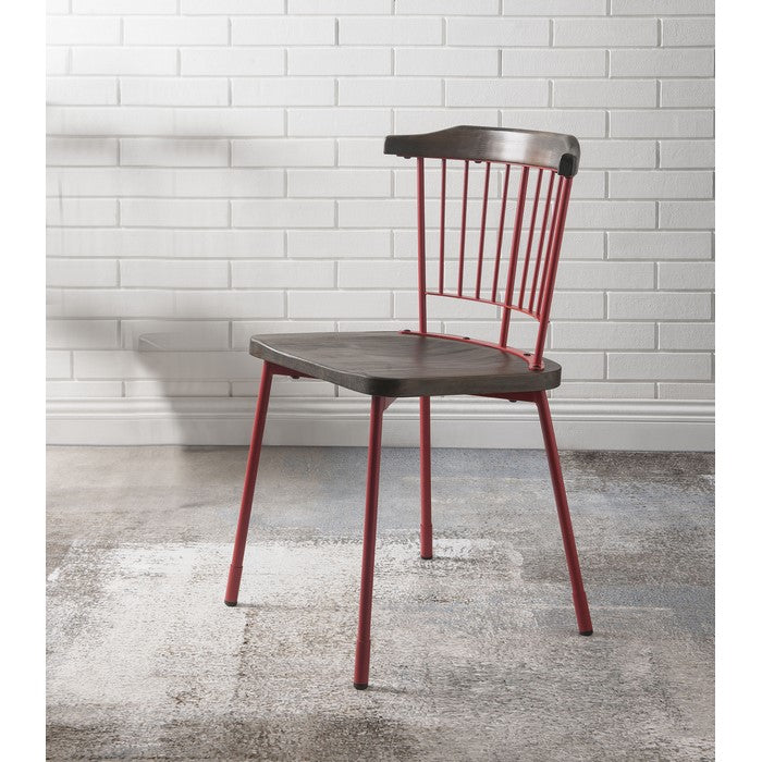 Wood and Metal Side Chairs with Slat Style Back, Red and Brown, Set of Two