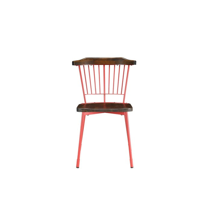Wood and Metal Side Chairs with Slat Style Back, Red and Brown, Set of Two