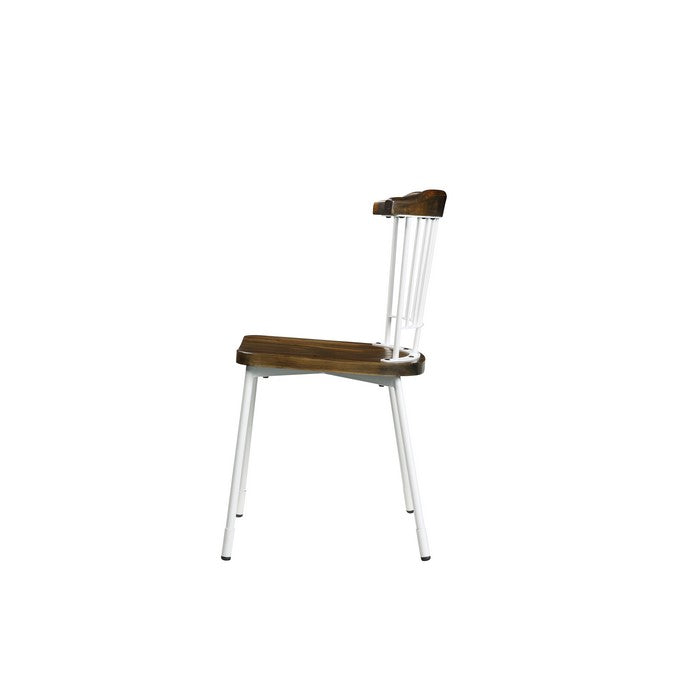 Wood and Metal Side Chairs with Slat Style Back, White and Brown, Set of Two