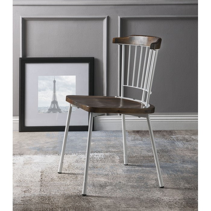 Wood and Metal Side Chairs with Slat Style Back, White and Brown, Set of Two
