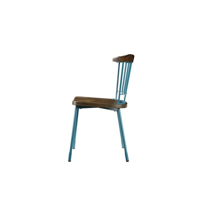 Wood and Metal Side Chairs with Slat Style Back, Blue and Brown, Set of Two